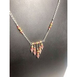 1264 Serling Silver 925 unique pink crystal beaded dangle Necklace 17-19"